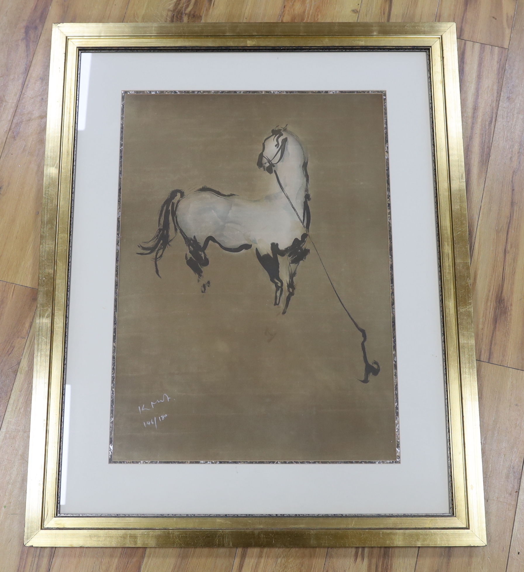 Kaiko Moti (Indian, 1921-1989), limited edition print, Tethered white horse, signed, 146/180, 73 x 52cm